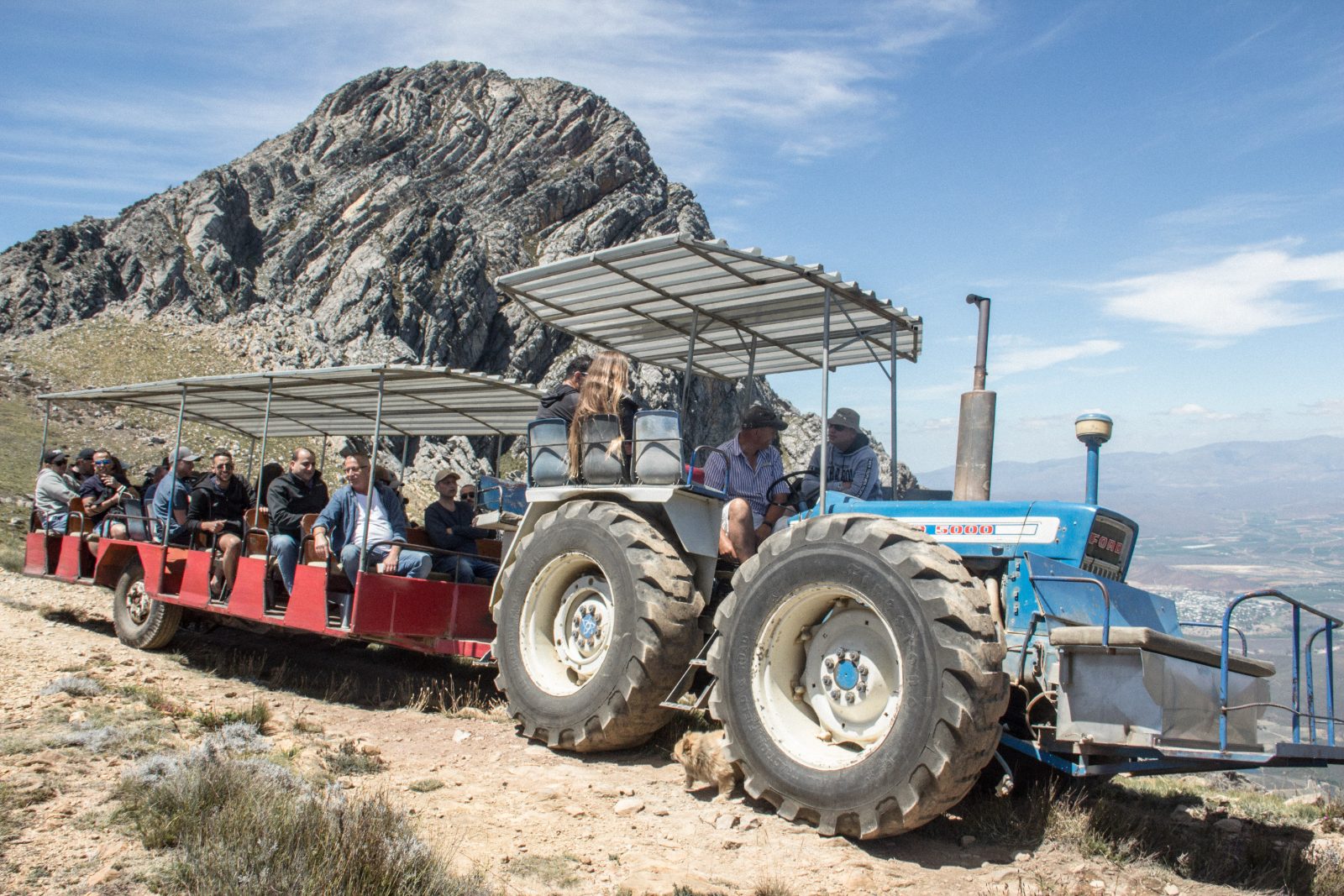 The trailer full of guests on the Langeberg, with the rock face of Dassieshoek behind